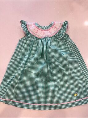 Masters Green Gingham Smocked Collar Dress with Pink Trim